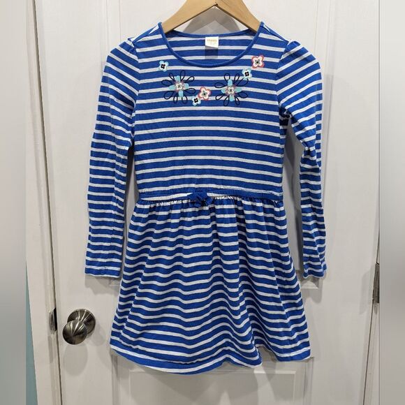 Gymboree Blue White Striped Floral Flower Cotton Long Sleeve Dress Girls Size 10 - Picture 2 of 4